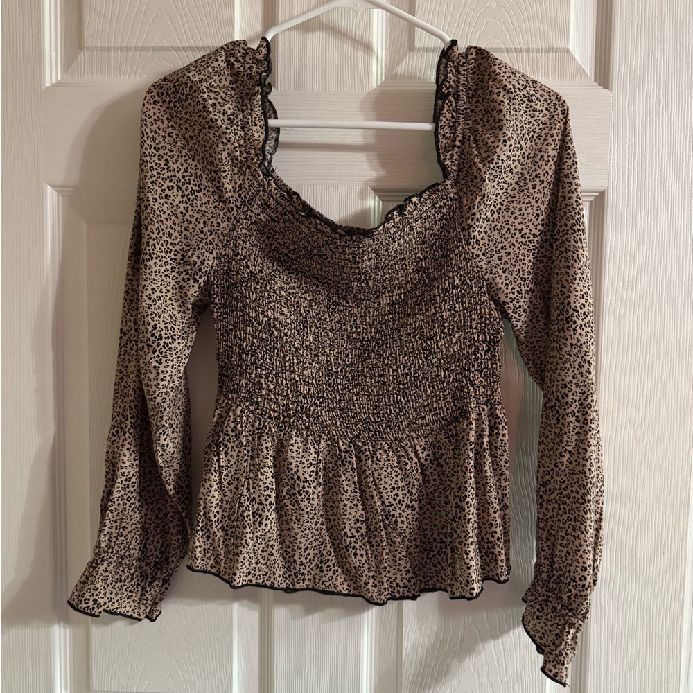 URBAN Romantics Brown and Tan Smocked Peplum Blouse